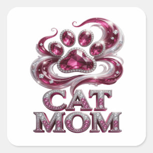 Trendy Pink CAT MOM Square Sticker