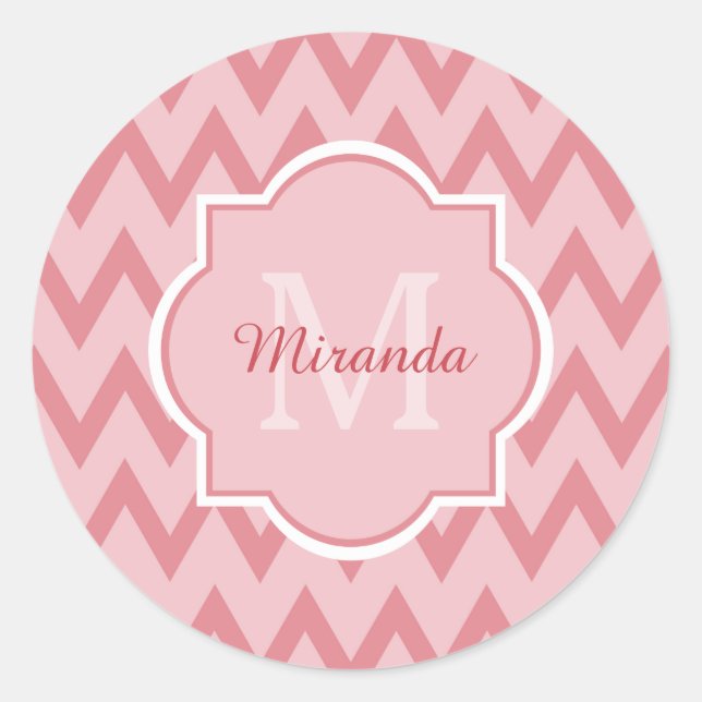 Trendy Pink Chevron Zigzag Name and Monogram Classic Round Sticker (Front)