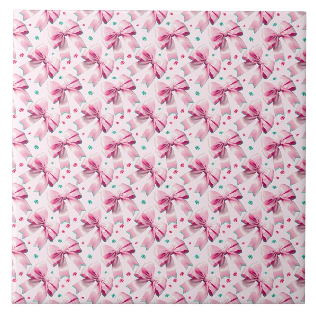 Trendy pink coquette bow pattern with cute girly ceramic tile (Front)