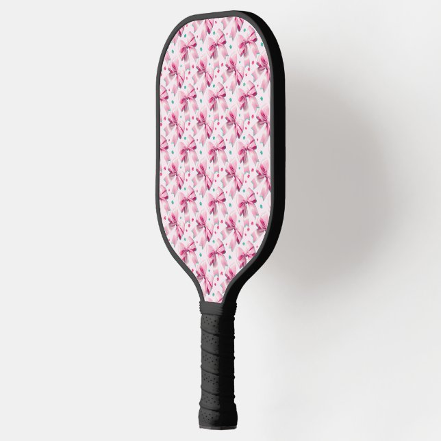 Trendy pink coquette bow pattern with cute girly pickleball paddle (Left)