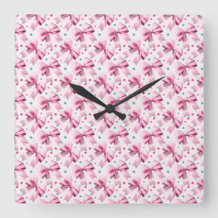 Trendy pink coquette bow pattern with cute girly square wall clock
