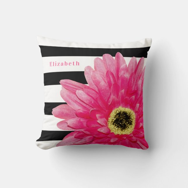 Trendy Pink Daisy Black and White Stripes and Name Cushion (Front)