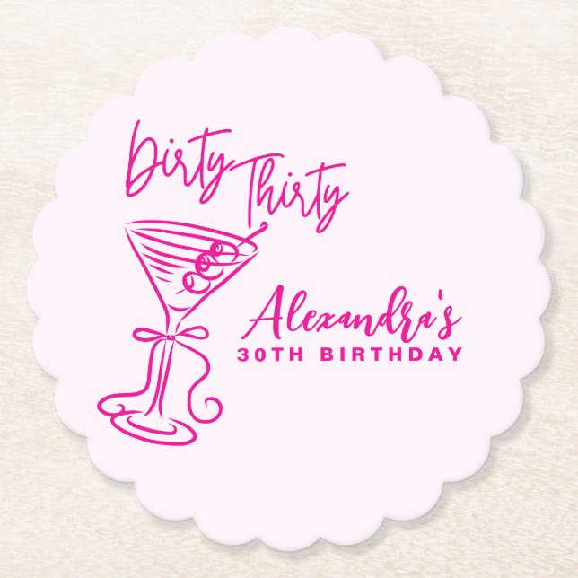 Trendy Pink Dirty Thirty 30th Birthday Paper Coaster (Front)