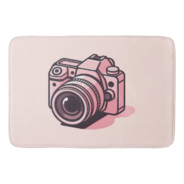 Trendy Pink DSLR Camera Photography Personalised Bath Mat (Front)