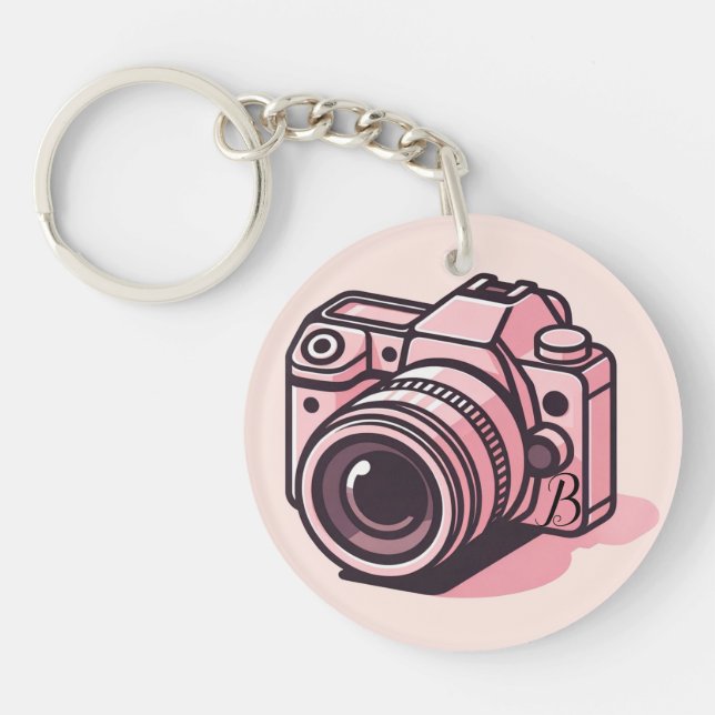 Trendy Pink DSLR Camera Photography Personalised Key Ring (Front)