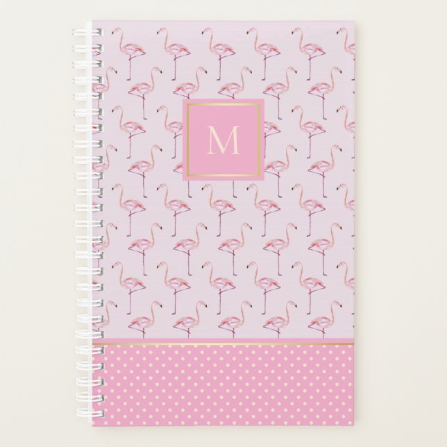 Trendy Pink Flamingos and Dots with Monogram Planner (Front)
