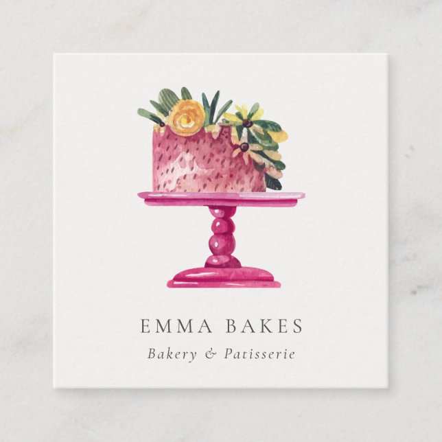 TRENDY PINK FLORAL CAKE PATISSERIE CUPCAKE BAKERY SQUARE BUSINESS CARD (Front)