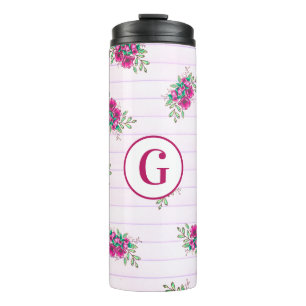 Trendy Pink Floral Doodles & Stripes Thermal Tumbler