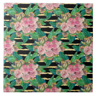 Trendy Pink Floral Paint Gold Stripes Black Design Ceramic Tile