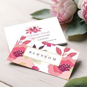 Trendy Pink Floral Pattern Print & Gold Monogram Business Card