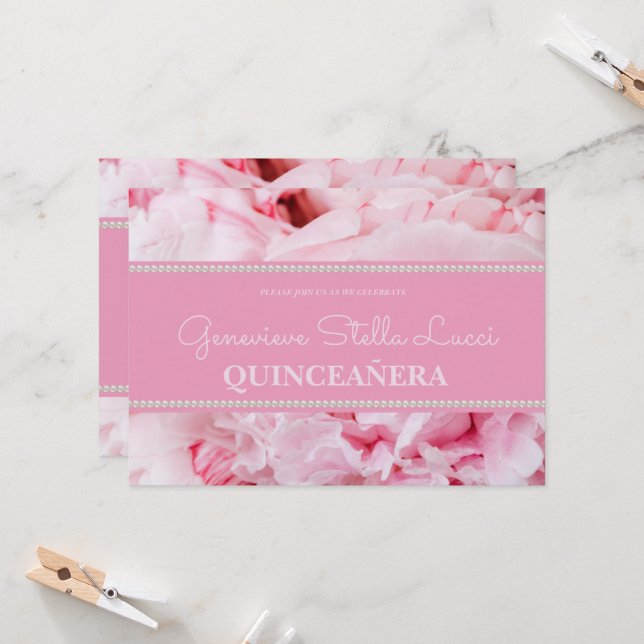 Trendy Pink Floral Quinceañera Party Invitation (Front/Back In Situ)