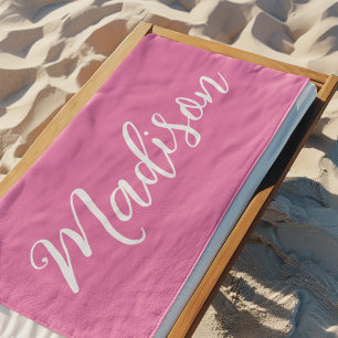 Trendy Pink Girls Name Handwritten Script Custom Beach Towel