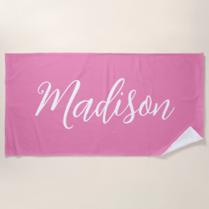 Trendy Pink Girls Name Handwritten Script Custom Beach Towel