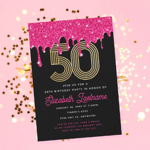 Trendy Pink Glitter Drip 50th Birthday Invitation