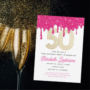 Trendy Pink Glitter Drip 50th Birthday Invitation 