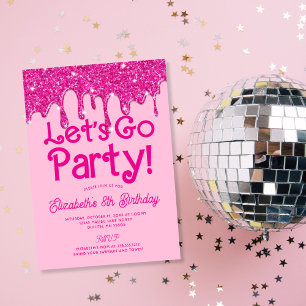 Trendy Pink Glitter Let's Go Party Birthday Invitation