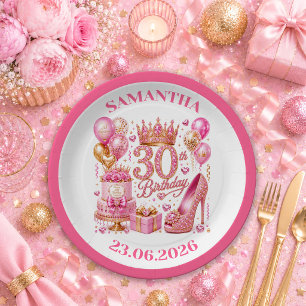 Trendy Pink Glitter Shine 30th Birthday Paper Plat Plate