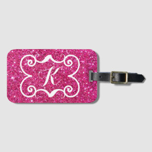 Trendy Pink Glitter White Monogram Custom Luggage Tag