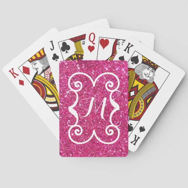  Trendy Pink Glitter White Monogram Custom Playing Cards (Back)