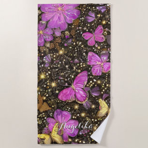 Trendy Pink, Gold and Black Butterflies Custom Beach Towel