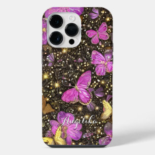 Trendy Pink, Gold and Black Butterflies Custom iPhone 14 Pro Max Case