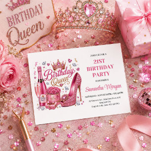 Trendy Pink Gold Sparkle Birthday Queen Party Invi Invitation