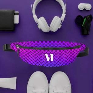 Trendy Pink Gradient Mermaid Scales Monogram Bum Bags