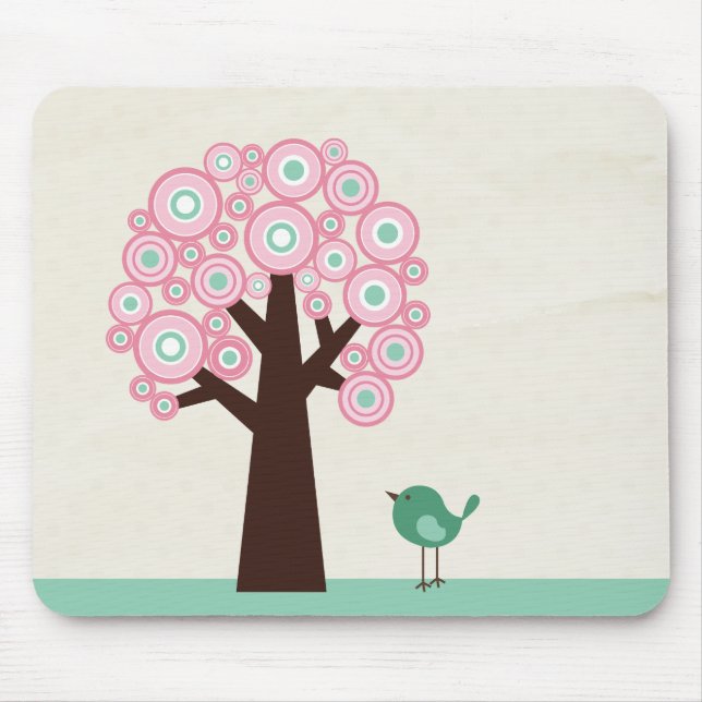 Trendy pink green circles tree bird mousepad (Front)