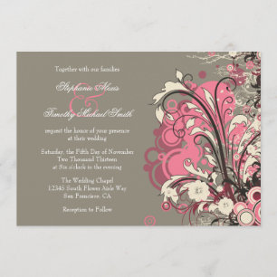 Trendy pink grey grunge swirls wedding invitation
