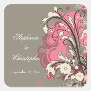 Trendy pink grey grunge swirls wedding stickers