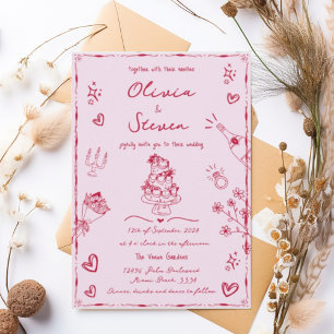 Trendy Pink Hand Drawn Quirky Scribble Wedding  Invitation