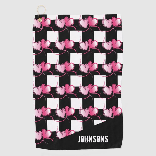 Trendy Pink Heart And Black Plaid Monogram Golf Towel (Front)