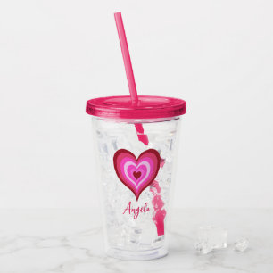 Trendy Pink Heart Custom Name Valentine's Day Acrylic Tumbler