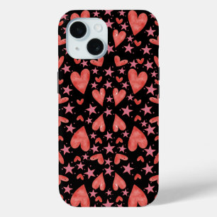 Trendy Pink Hearts and Stars Valentine iPhone 15 Case