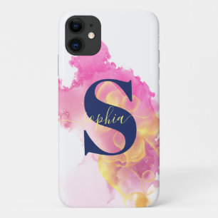 Trendy Pink Ink Cloud, Personalised White, Navy iPhone 11 Case