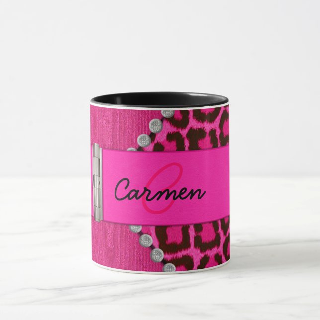 Trendy Pink Leopard and Hinge Monogram Mug (Center)