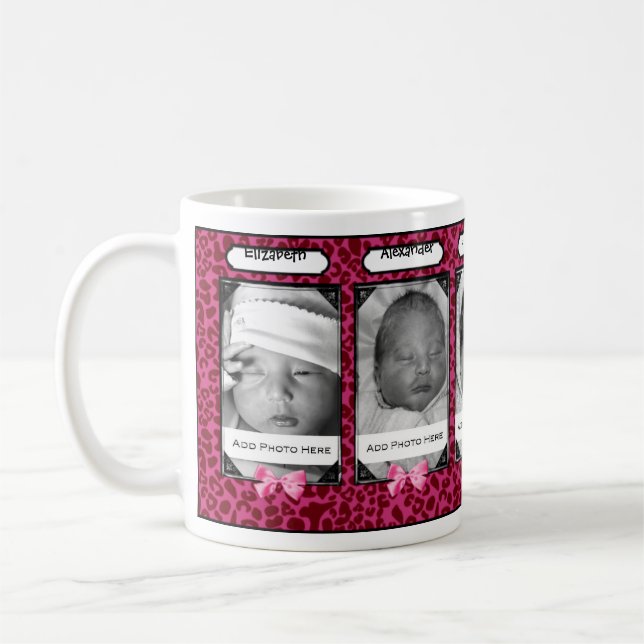 Trendy Pink Leopard Baby Photo And Name Coffee Mug (Left)