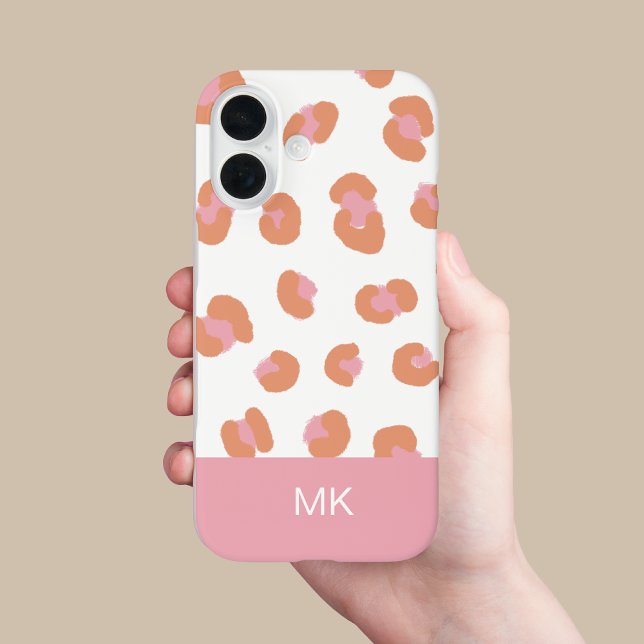 Trendy Pink Leopard Monogram Initial Case-Mate iPhone Case (iPhone 16 case shown in bare or though. Choose type of case and iphone model. Add your initials.)