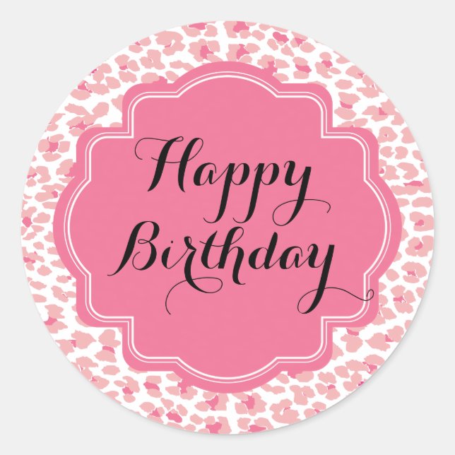 Trendy Pink Leopard Print Happy Birthday Stickers (Front)