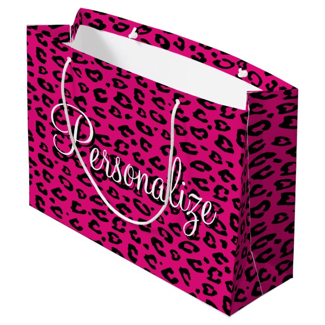 Trendy pink leopard print personalised gift bags (Back Angled)