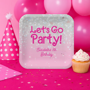 Trendy Pink Let's Go Party Birthday Party Paper Plate
