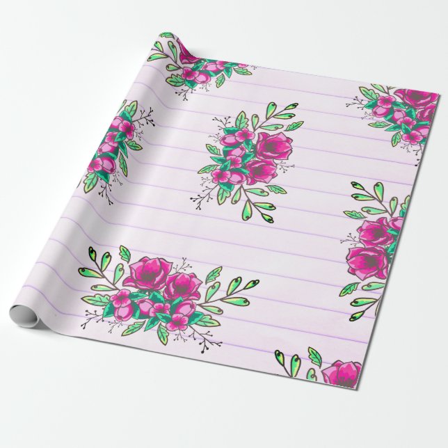 Trendy Pink Lined Paper & Doodle Florals (Unrolled)