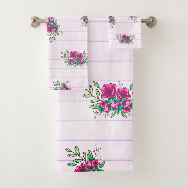 Trendy Pink Lined Paper & Doodle Florals Bath Towel Set (Insitu)