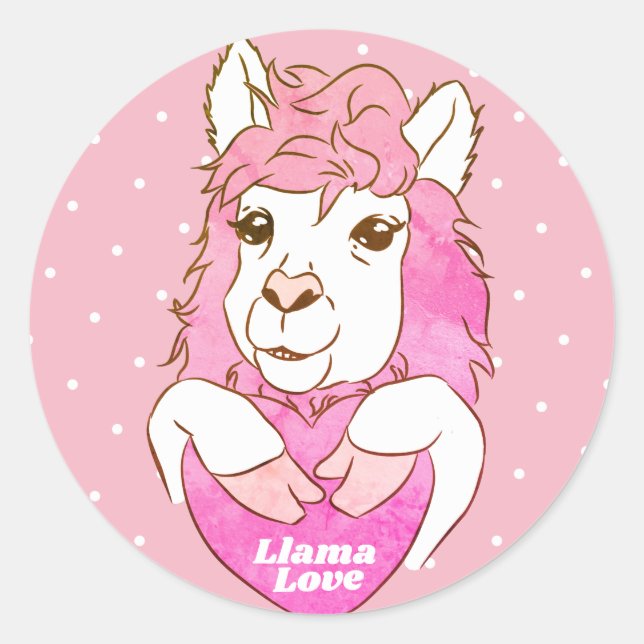 Trendy Pink Llama & Polka Dots Classic Round Sticker (Front)