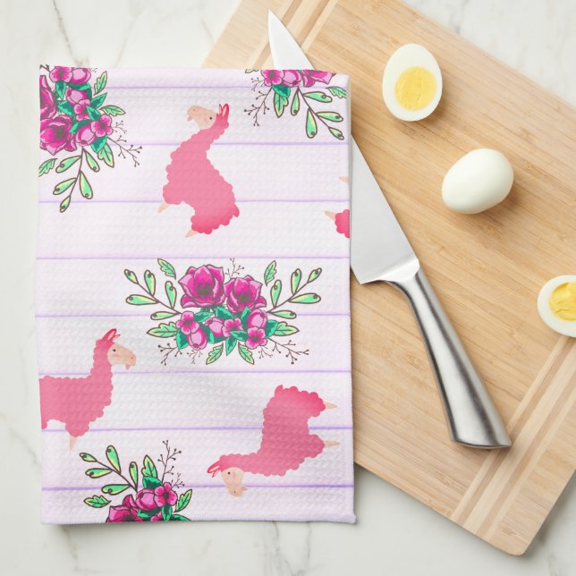 Trendy Pink Llamas Floral Doodles & Stripes Tea Towel (Quarter Fold)