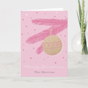 Trendy Pink merry Christmas Card Gold Ornament
