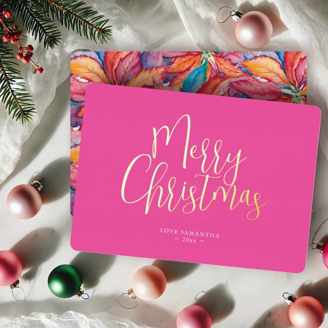 Trendy Pink Merry Christmas Foil Holiday Card (Colorful pink Christmas cards with multi color watercolor poinsettia art Do tell A Belle)