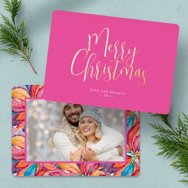 Trendy Pink Merry Christmas Foil Holiday Card (Unique Christmas cards pink photo and poinsettia design.)