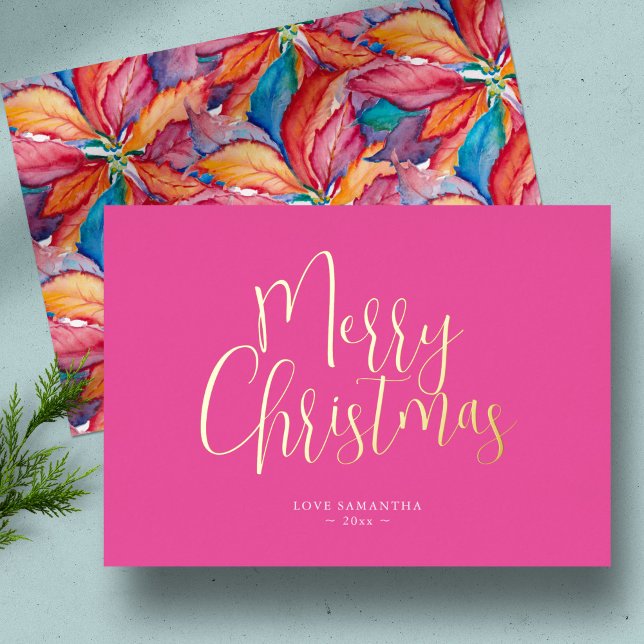 Trendy Pink Merry Christmas Foil Holiday Card (Vibrant Pink Christmas card modern watercolor poinsettia by Victoria Grigaliunas of Do Tell A Belle)