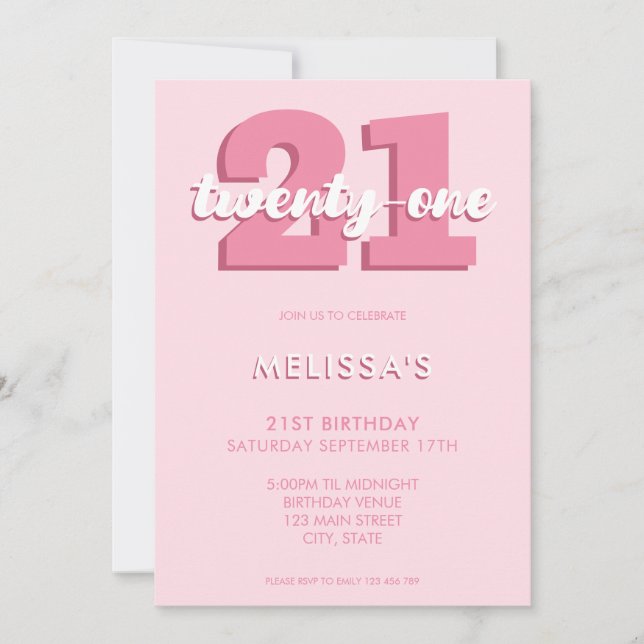 Trendy Pink Modern Script 21st Birthday Invitation (Front)